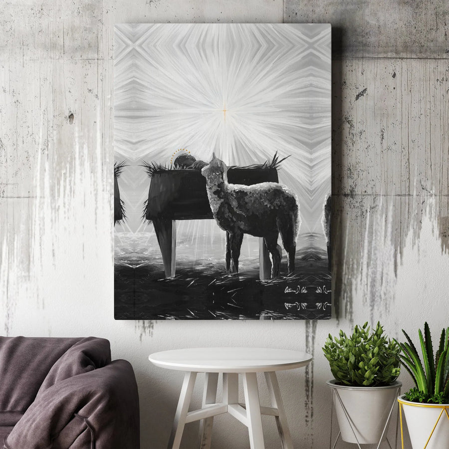 Nativity Scene Canvas Print | Minimalist Llama Christmas Wall Art | Premium Fade-Resistant Gallery Wrap | Religious Holiday Decor Gift