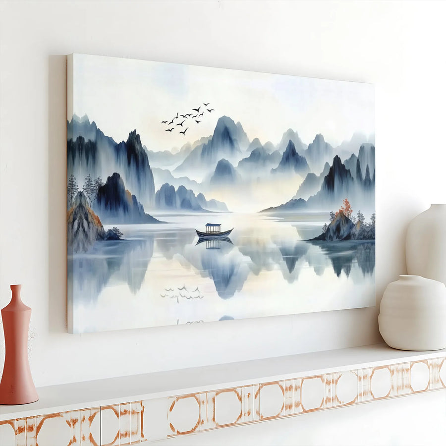 Misty Mountain Landscape Canvas Print | Zen Chinese Ink Wash Art | Premium Gallery Wrapped Wall Decor | Serene Nature Artwork for Home Office