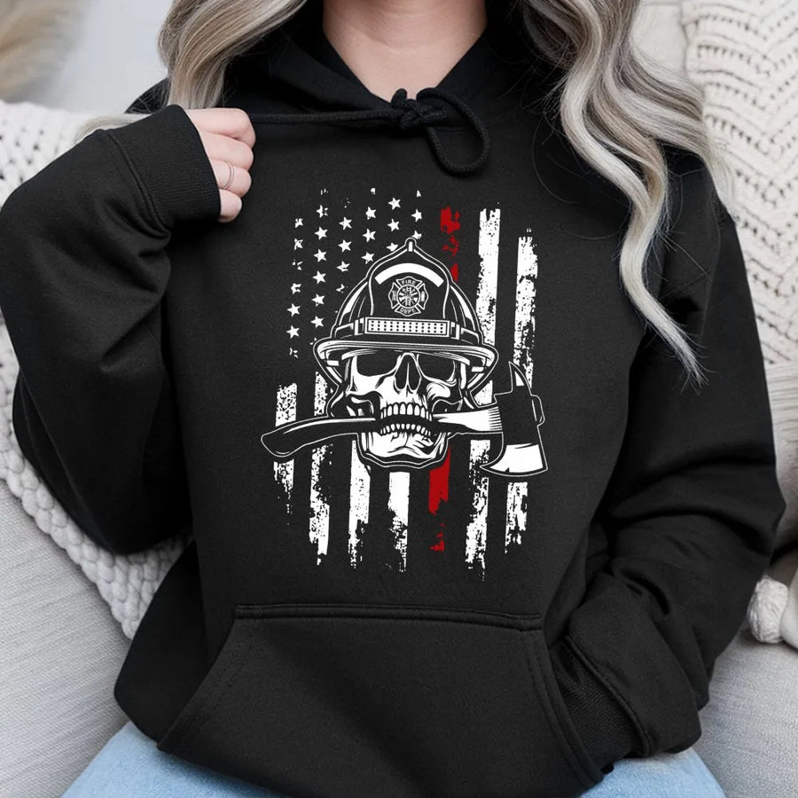 Firefighter Skull Hoodie | Thin Red Line Flag With Axe Graphic | Premium Cotton Blend | Gift For Fireman Fire Department Support
