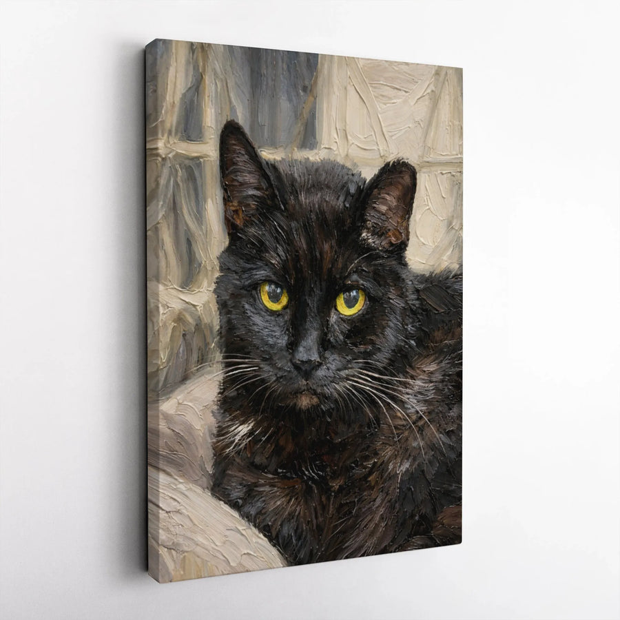 Black Cat Canvas Wall Art | Textured Oil Painting Style Portrait | Premium Gallery Wrapped Canvas | Collector's Gift for Cat Lover