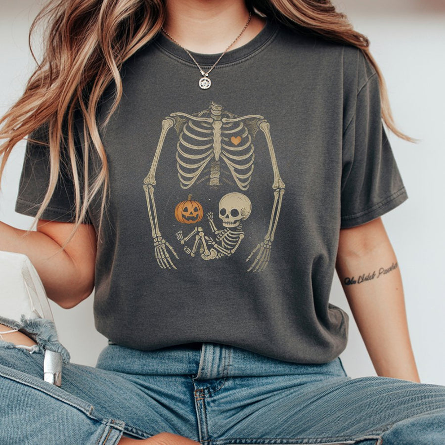 Skeleton Pumpkin Maternity T-Shirt | Spooky Pregnancy Announcement Graphic | 100% Cotton Premium Tee | Halloween Gift For Mom To Be