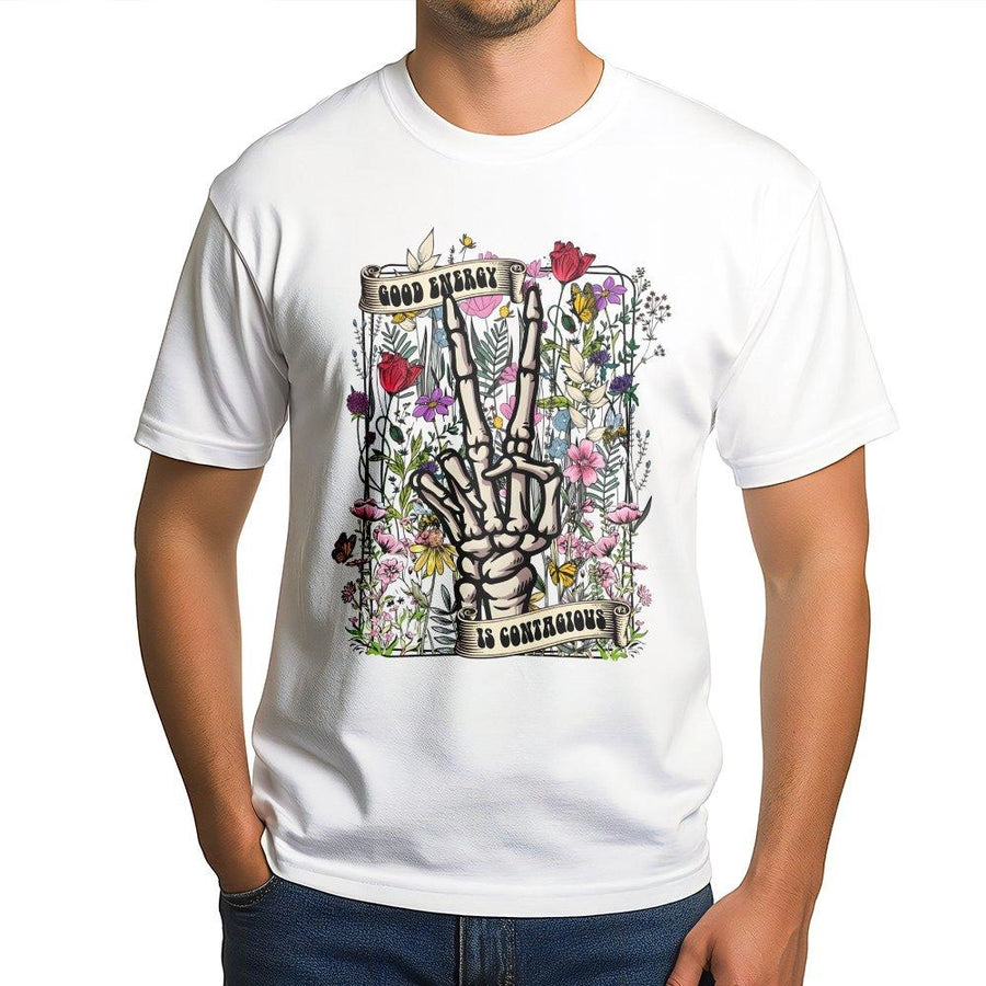 Good Energy Skeleton Hand T-Shirt | Peace Sign Floral Graphic | Soft 100% Cotton Premium Tee | Boho Positive Vibes Gift For Her And Him