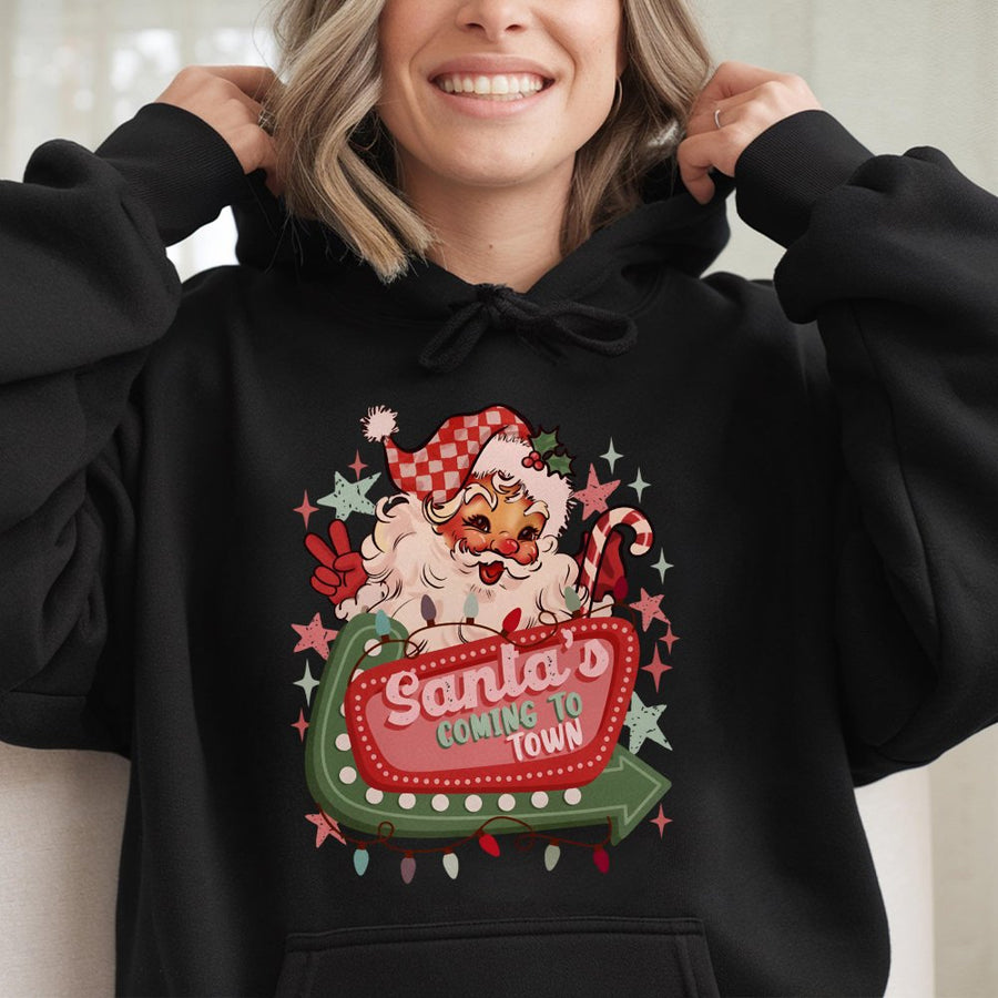 Retro Santa Hoodie | Santa’s Coming To Town Graphic Print | Premium Cotton-Blend | Festive Christmas Gift for Holiday Lovers