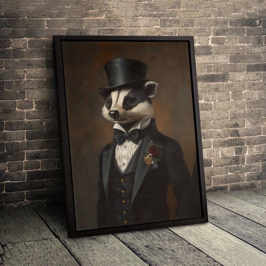 Gentleman Badger Canvas Print | Victorian Animal Portrait in Top Hat and Tuxedo | 1.25-Inch Gallery Wrapped Wall Art | Unique Home Decor Gift