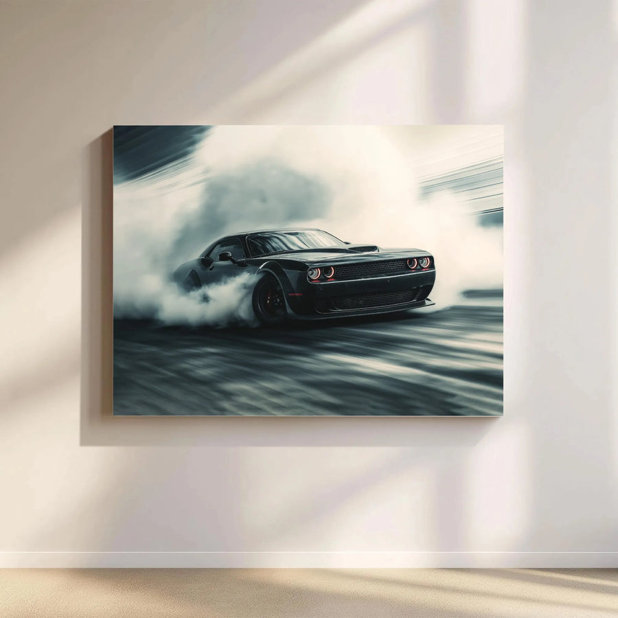 Muscle Car Canvas Wall Art | Black Sports Car Drifting in Smoke | Premium Gallery Wrap Print | Man Cave & Garage Home Decor Gift