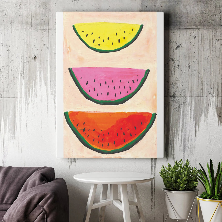 Watermelon Slices Vertical Canvas Print | Colorful Pop Art Fruit Painting | Premium Gallery Wrap Wall Art | Modern Kitchen & Dining Room Decor Gift
