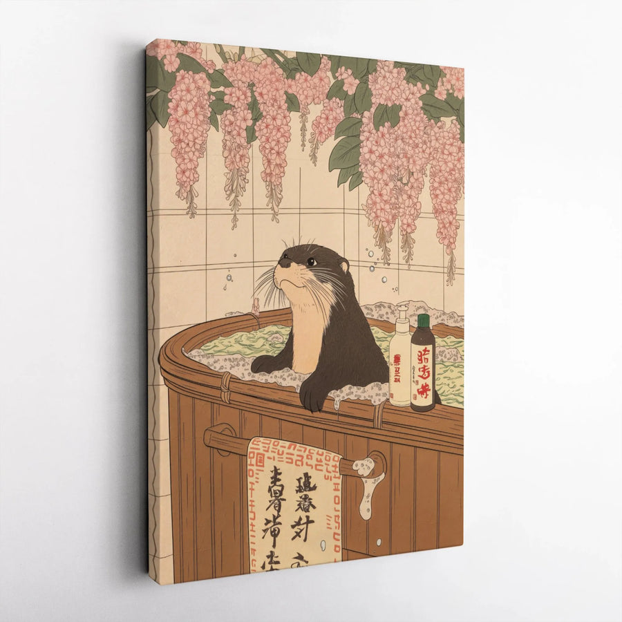 Otter Canvas Wall Art | Japanese Ukiyo-E Bathhouse With Wisteria | Premium Gallery-Wrap Print | Whimsical Nature Home Decor Gift For Animal Lovers
