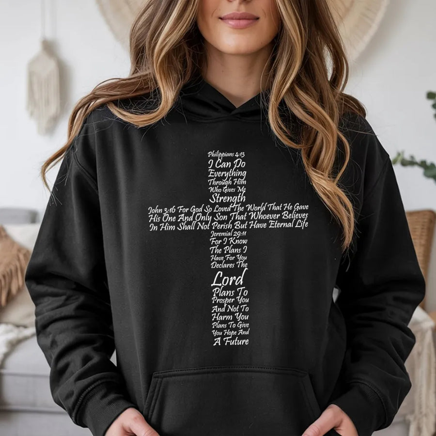 Bible Verse Cross Hoodie | Scripture Typography Graphic | Premium Cotton Blend | Christian Faith Gift for Men and Women