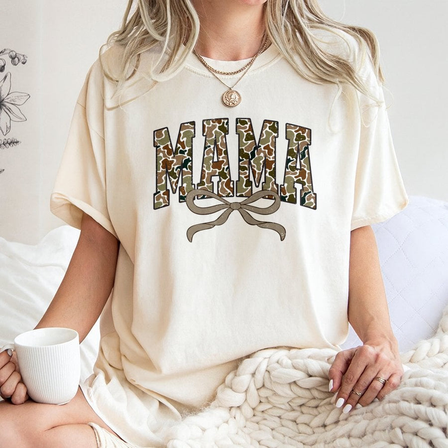 Mama Camo Print T-Shirt | Distressed Varsity Lettering with Bow | 100% Premium Cotton | Cute Mother's Day 2026 Gift for Hunting Moms