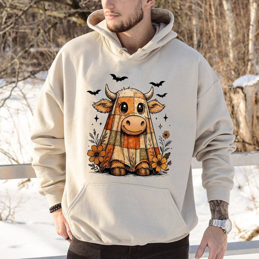 Highland Cow Ghost Hoodie | Cute Halloween Aesthetic Sweatshirt | Premium Cotton-Poly Blend | Spooky Fall Gift for Animal Lovers
