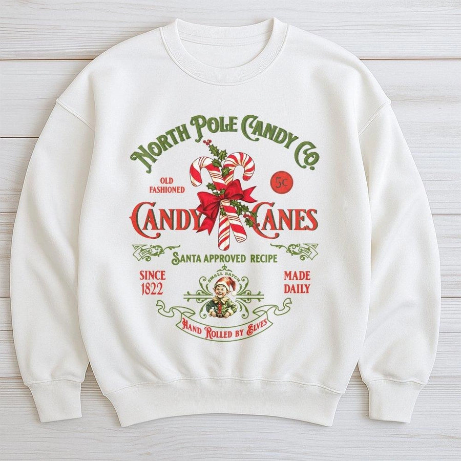 Christmas Candy Cane Sweatshirt | Retro North Pole Candy Co Graphic | Premium Cotton Blend Unisex Crewneck | Festive Holiday Gift for Adults