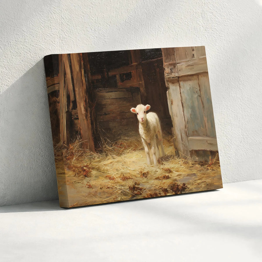 Rustic Lamb Oil Painting Horizontal Canvas | Farmhouse Barn Animal Wall Art | Premium 1.25 Inch Canvas Print | Charming Cottagecore Home Decor Gift