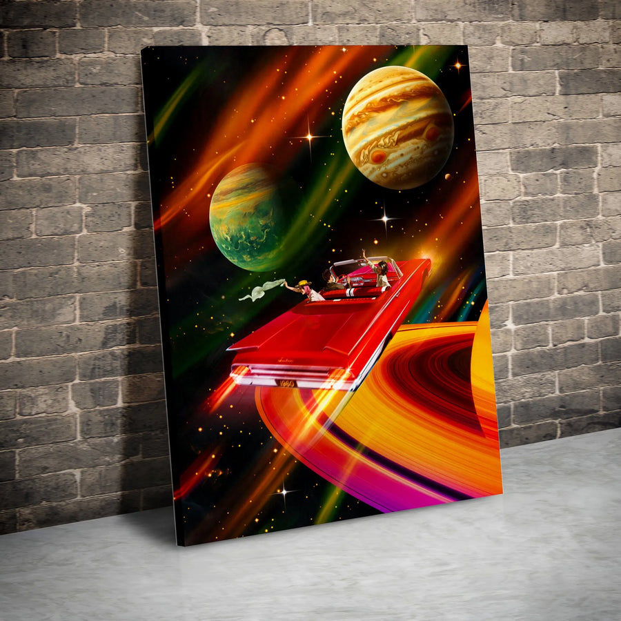Retro Space Car Canvas | 1960s Red Convertible Galaxy Art | Premium Gallery Wrapped Print | Sci-Fi Surreal Wall Decor for Living Room