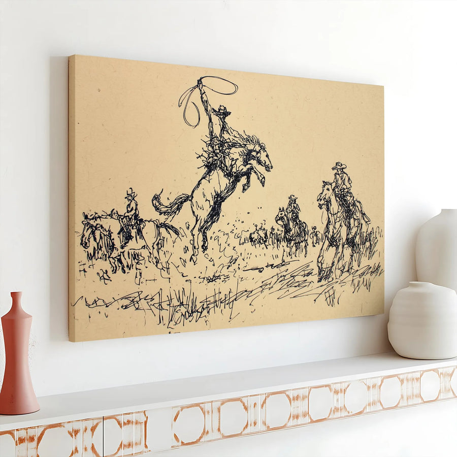 Cowboy Bucking Bronco Canvas Wall Art | Western Rodeo Sketch Print | Premium Fade-Resistant Canvas | Gift for Rancher & Rustic Home Decor