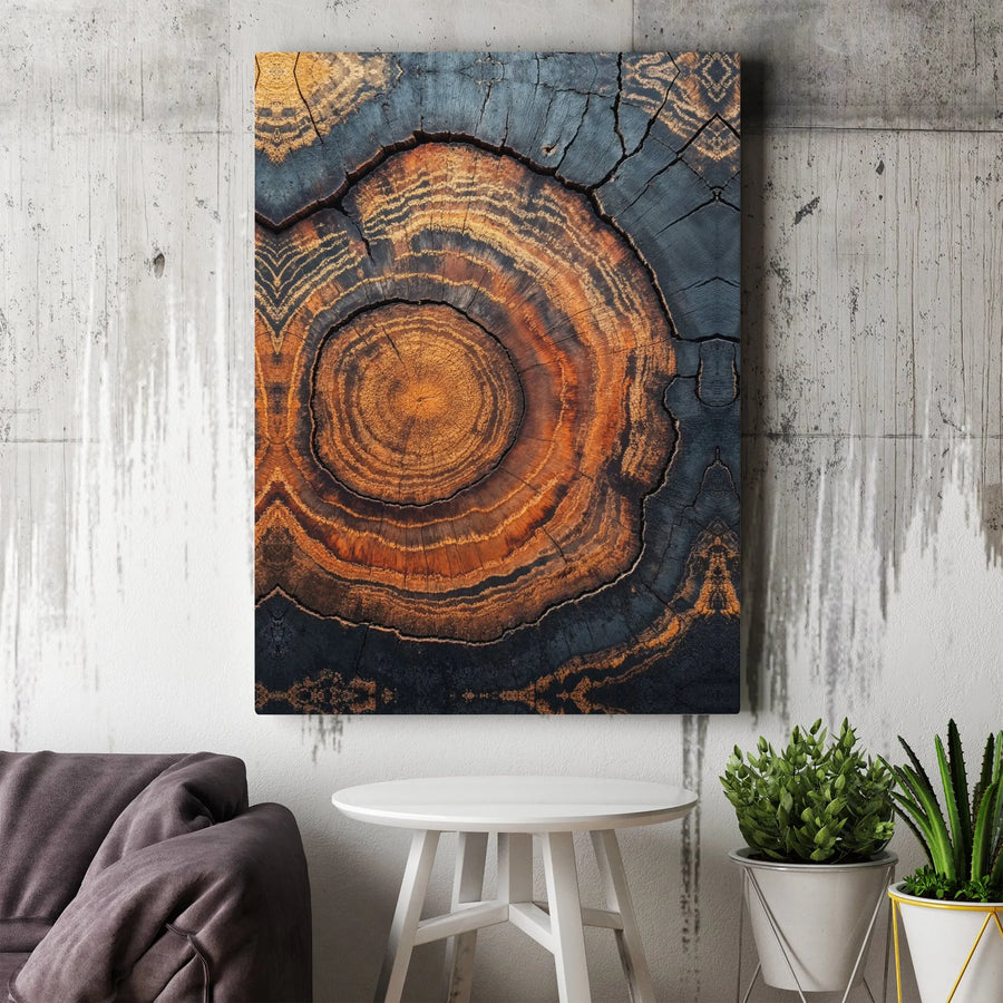 Abstract Tree Ring Canvas Wall Art | Burnt Orange and Charcoal Wood Slice Print | Premium 1.25" Gallery Wrap | Modern Nature Decor for Living Room