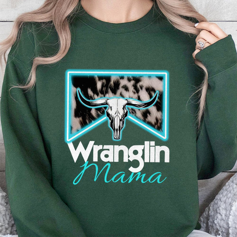 Wranglin Mama Sweatshirt | Western Cowgirl Skull Design | Premium Cotton Blend | Ranch Life Gift for Her