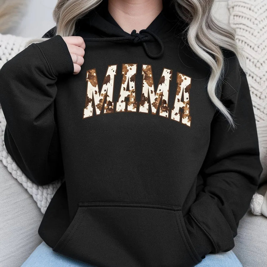 Mama Cow Print Hoodie | Western Farmhouse Graphic Pullover | Cozy Cotton Blend | Trendy Mothers Day Gift for New Mom