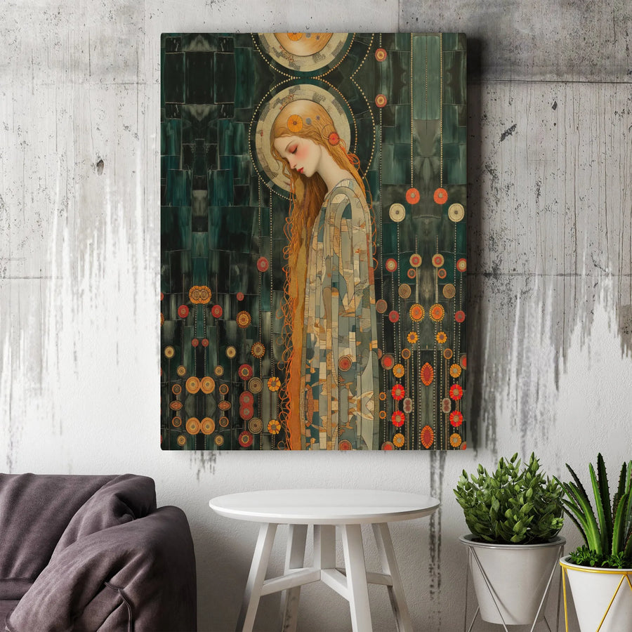 Art Nouveau Woman Wall Art | Floral Mosaic Portrait Canvas Print | Gallery-Quality 1.25 Inch Profile | Sophisticated Home Decor Gift