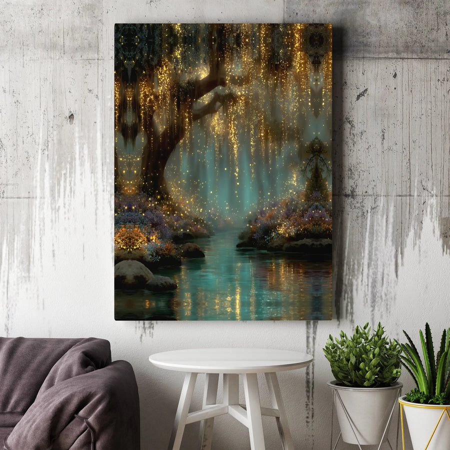 Enchanted Forest Canvas Print | Glowing Willow Tree River Scene | Premium Thick Canvas Art | Ethereal Fantasy Wall Decor Gift
