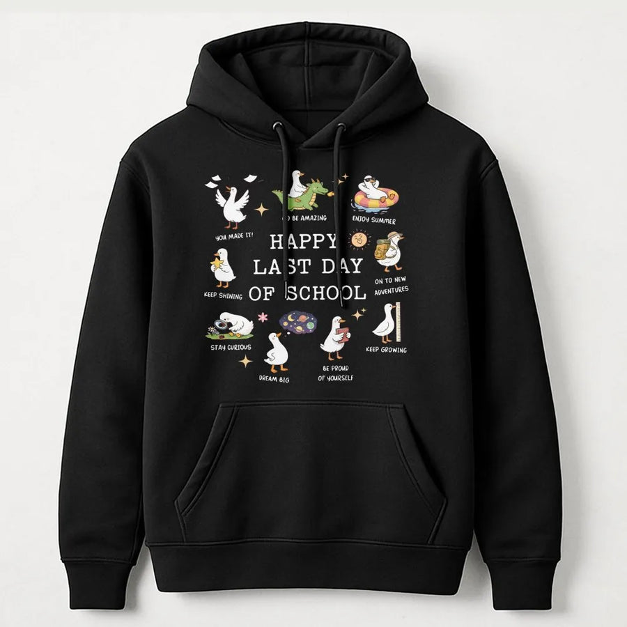 Happy Last Day of School Hoodie | Cute Cartoon Goose Graphic Pullover | Soft Cotton Blend | End of Year Gift for Teachers and Students