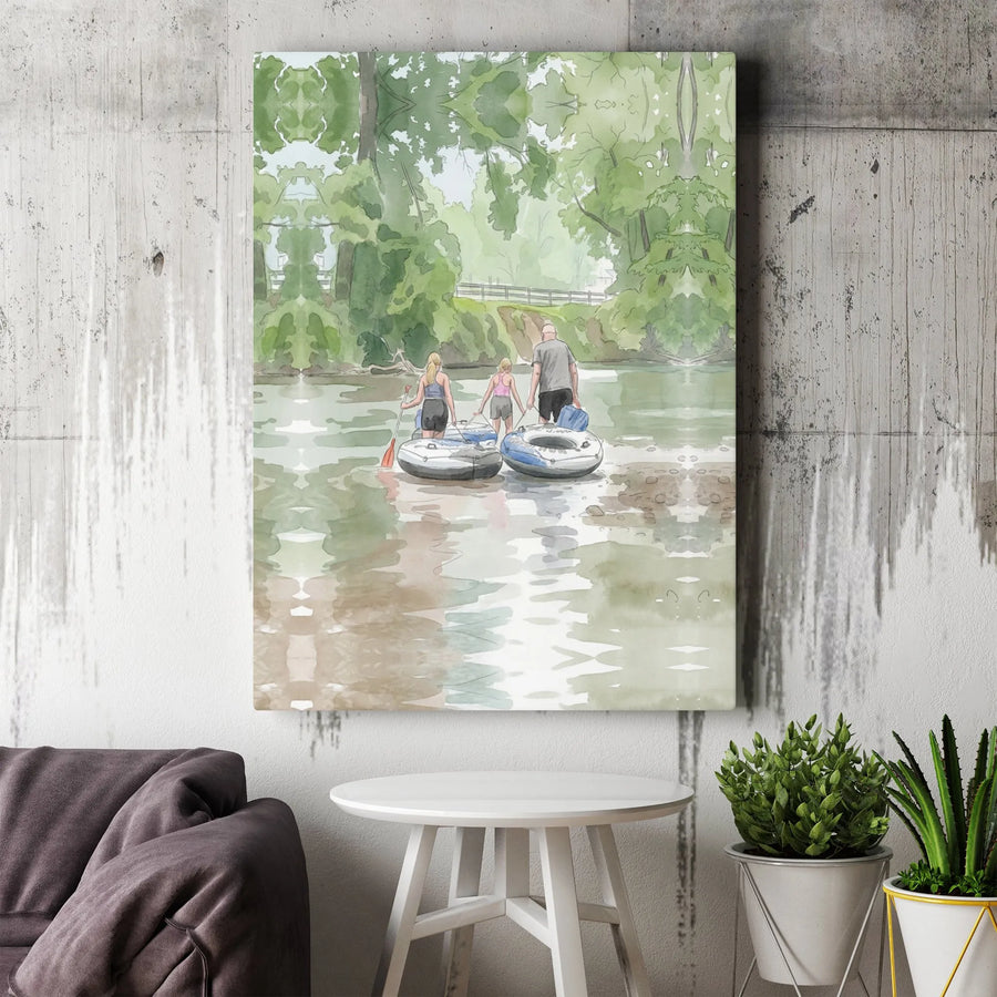 Family River Tubing Canvas Print | Watercolor Summer River Scene | 1.25-Inch Gallery Wrapped Wall Art | Outdoor Adventure Gift for Home Decor