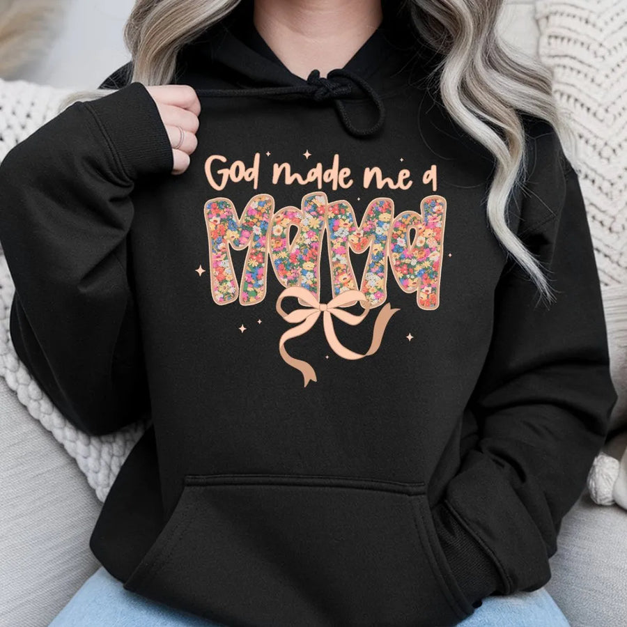 God Made Me A Mama Hoodie | Boho Floral Coquette Bow Graphic | Premium Cotton Blend | Christian Mother's Day 2026 Gift For Her