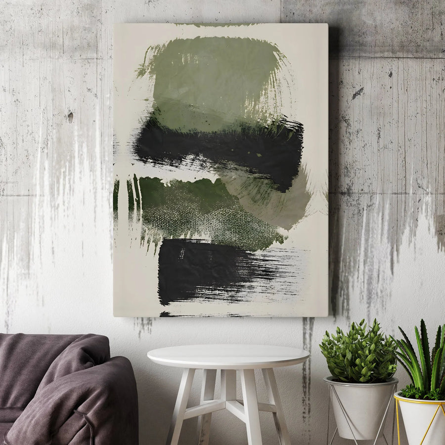 Abstract Green and Black Canvas Wall Art | Modern Brush Stroke Gallery Wrap | Premium Fade-Resistant Print | Minimalist Living Room Home Decor
