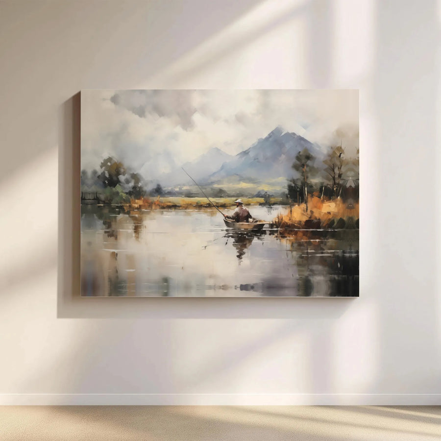 Fisherman in Boat Canvas Print | Mountain Lake Impressionist Wall Art | 1.25-Inch Gallery Wrap | Premium Nature Decor Gift for Outdoorsmen