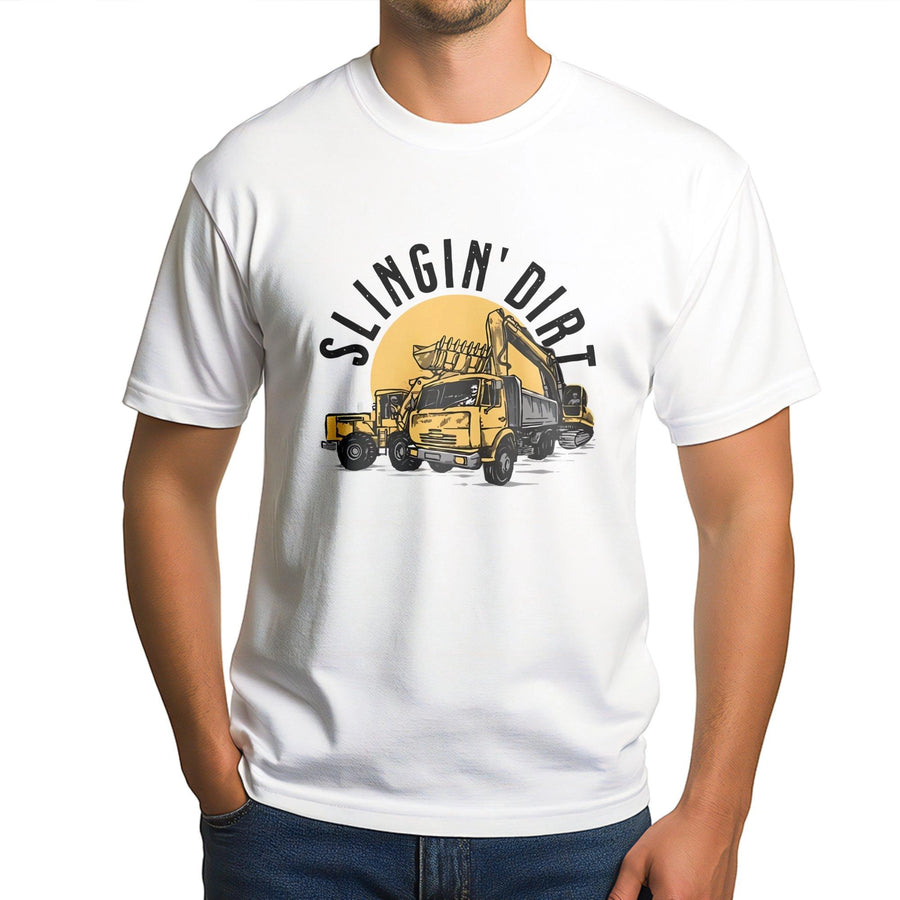 Heavy Equipment Operator T-Shirt | Slingin' Dirt Excavator Graphic | 100% Cotton Premium Tee | Funny Construction Worker Gift for Men