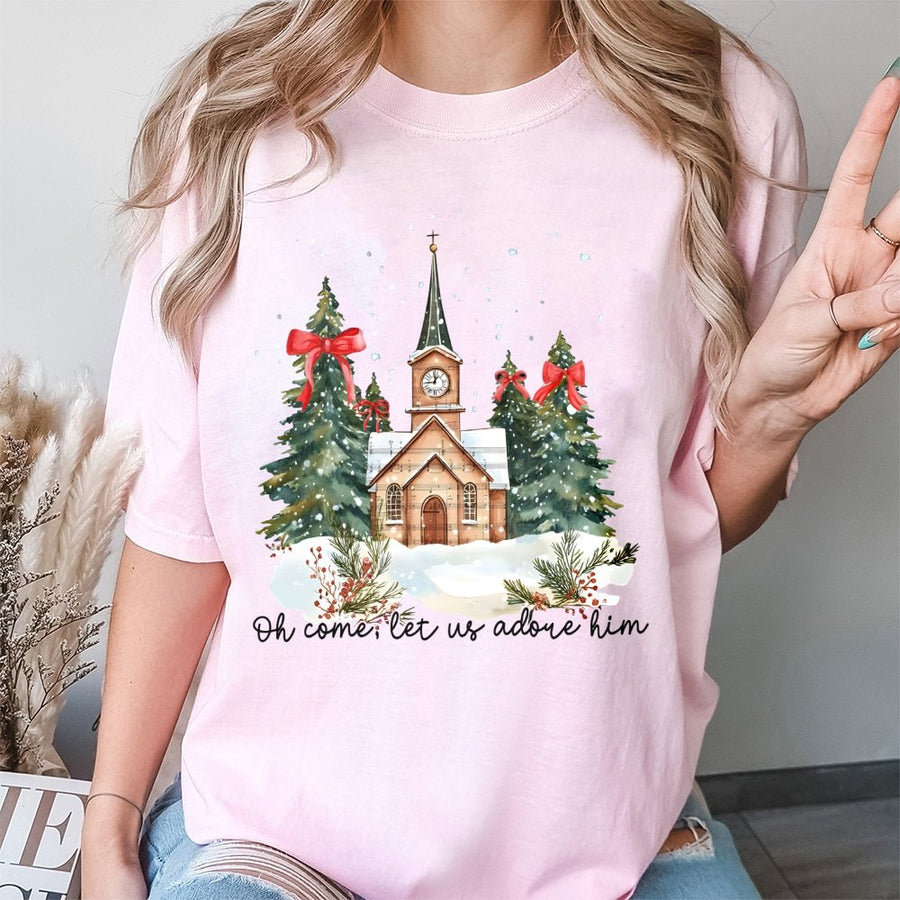 Oh Come Let Us Adore Him T-Shirt | Watercolor Church Christmas Design | 100% Cotton Premium Tee | Christian Holiday Gift for Women and Men