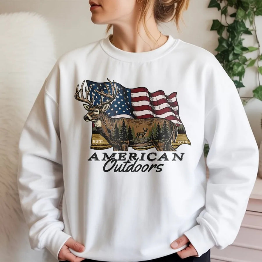 American Outdoors Deer Hunting Sweatshirt | Patriotic Buck Graphic Print | Premium Cotton Blend | Gift for Hunter & Wildlife Lover