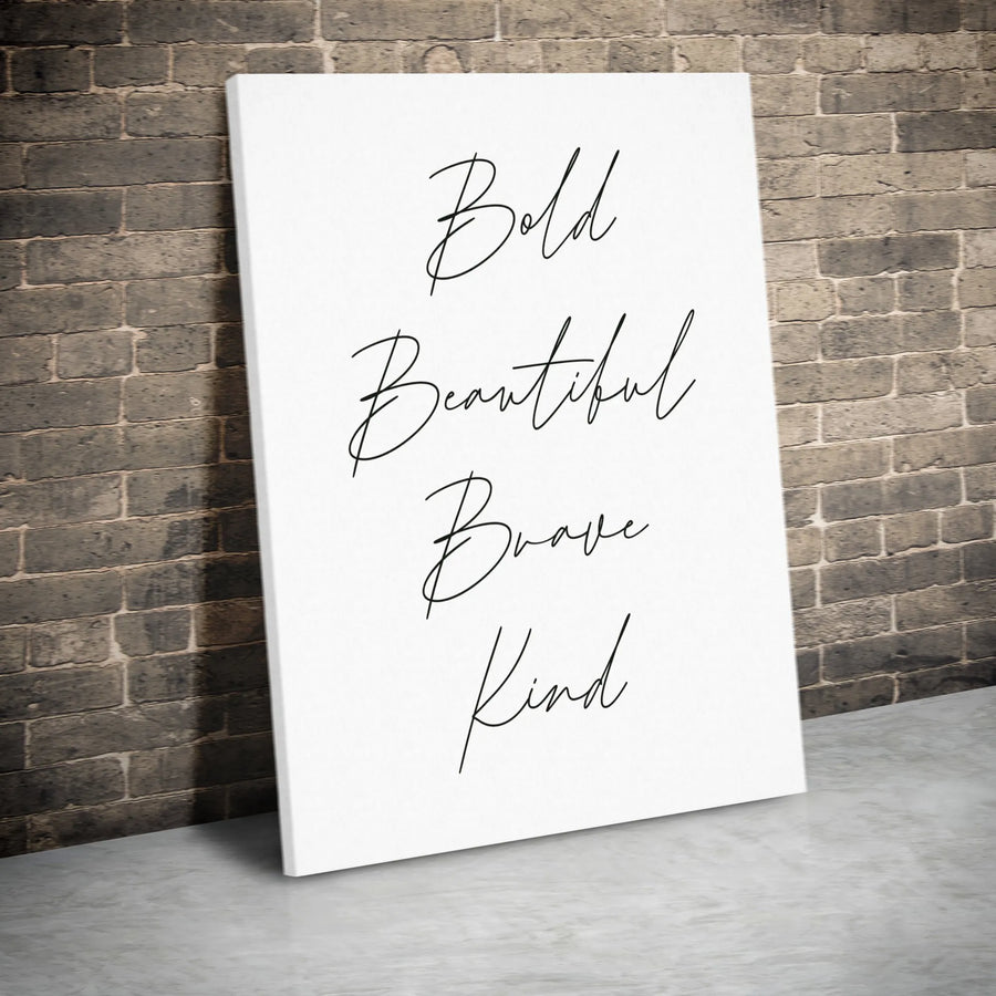 Bold Beautiful Brave Kind Canvas Wall Art | Minimalist Script Typography | Premium 1.25" Thick Gallery Wrap | Inspirational Gift for Women, Office Decor
