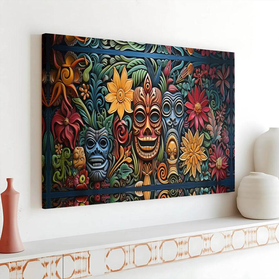 Tiki Mask Canvas Wall Art | Colorful Tropical Floral Print | 1.25-Inch Gallery Wrap Premium Decor | Island Vibes Living Room Gift