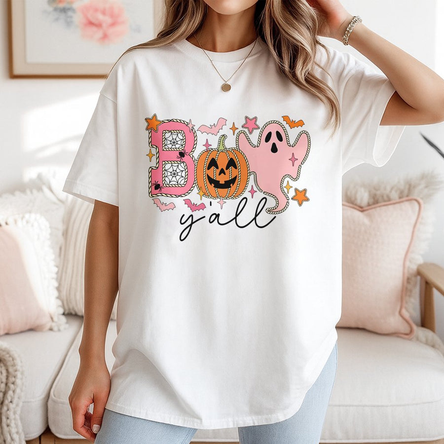Boo Y'all Halloween T-Shirt | Cute Pink Ghost and Pumpkin Graphic | 100% Cotton Premium Tee | Spooky Season Gift for Women