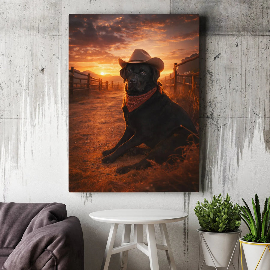 Cowboy Dog Canvas Wall Art | Black Labrador Wearing Cowboy Hat | Premium Gallery Wrap | Rustic Farmhouse Decor Gift for Dog Lover