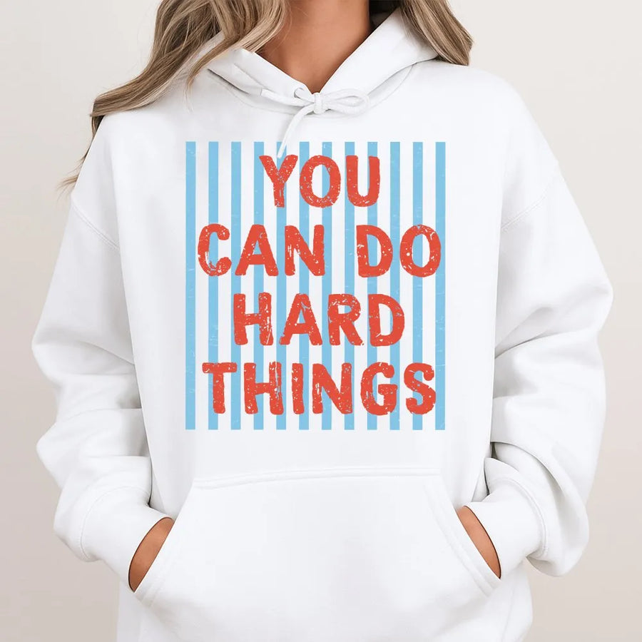 You Can Do Hard Things Hoodie | Retro Striped Inspirational Quote | Premium Soft Pullover | Motivational Gift for Women and Teens