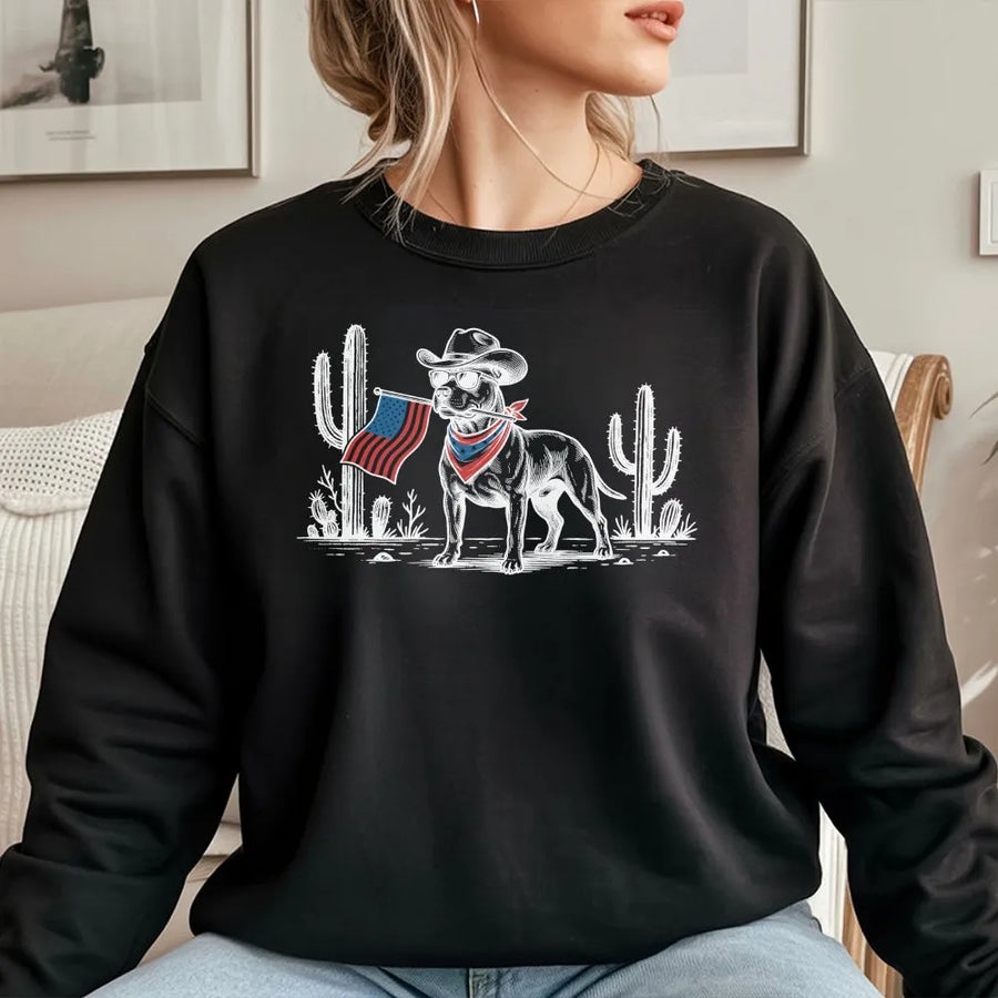 Patriotic Cowboy Dog Sweatshirt | American Flag Pitbull Graphic | Premium Cotton-Blend Pullover | 4th of July Gift for Dog Lovers
