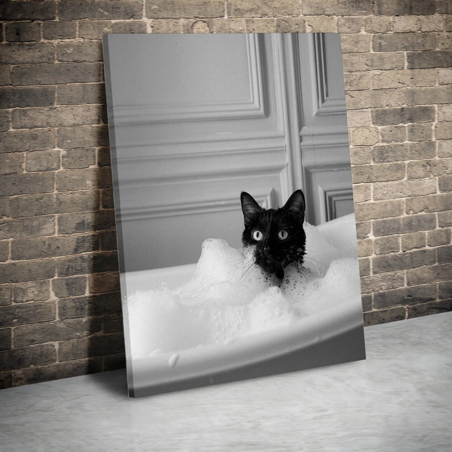 Black Cat in Bubble Bath Canvas Print | Whimsical Bathroom Wall Art | Premium Fade-Resistant Gallery Wrap | Gift for Cat Lovers
