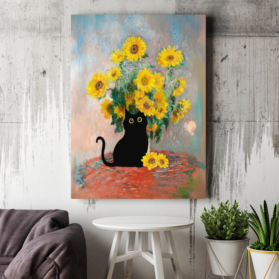Black Cat Sunflower Canvas Art | Impressionist Oil Painting Style | Premium Gallery Wrap | Whimsical Home Decor Gift for Cat Lovers