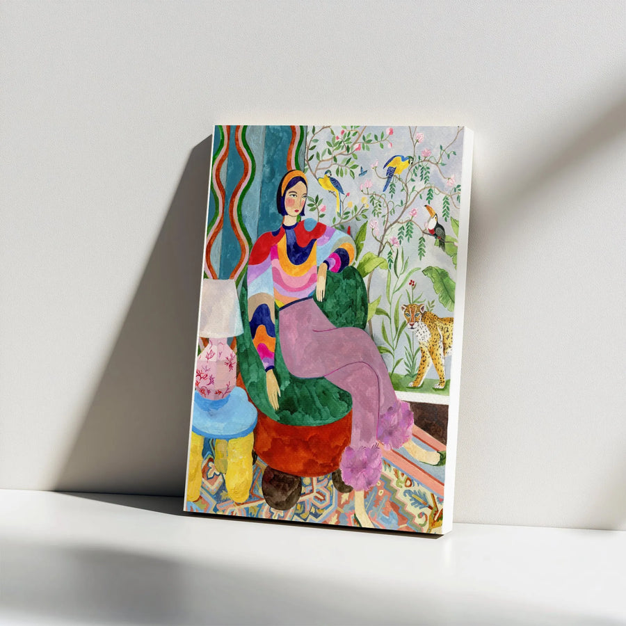Eclectic Woman Portrait Vertical Canvas | Vibrant Maximalist Decor with Leopard & Birds | Premium Thick Gallery Canvas | Collector's Gift for Art Lover