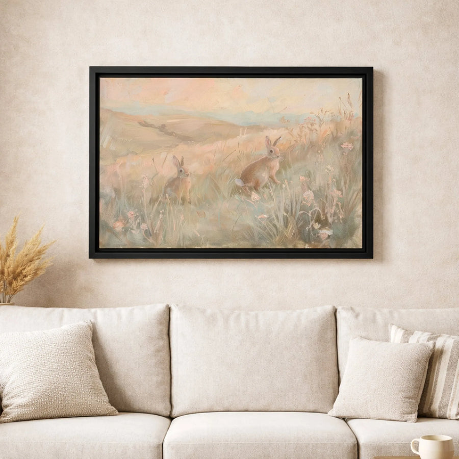 Rabbit Canvas Wall Art | Whimsical Meadow Oil Painting Style | Premium Gallery Wrap 1.25" Profile | Rustic Farmhouse Decor Gift