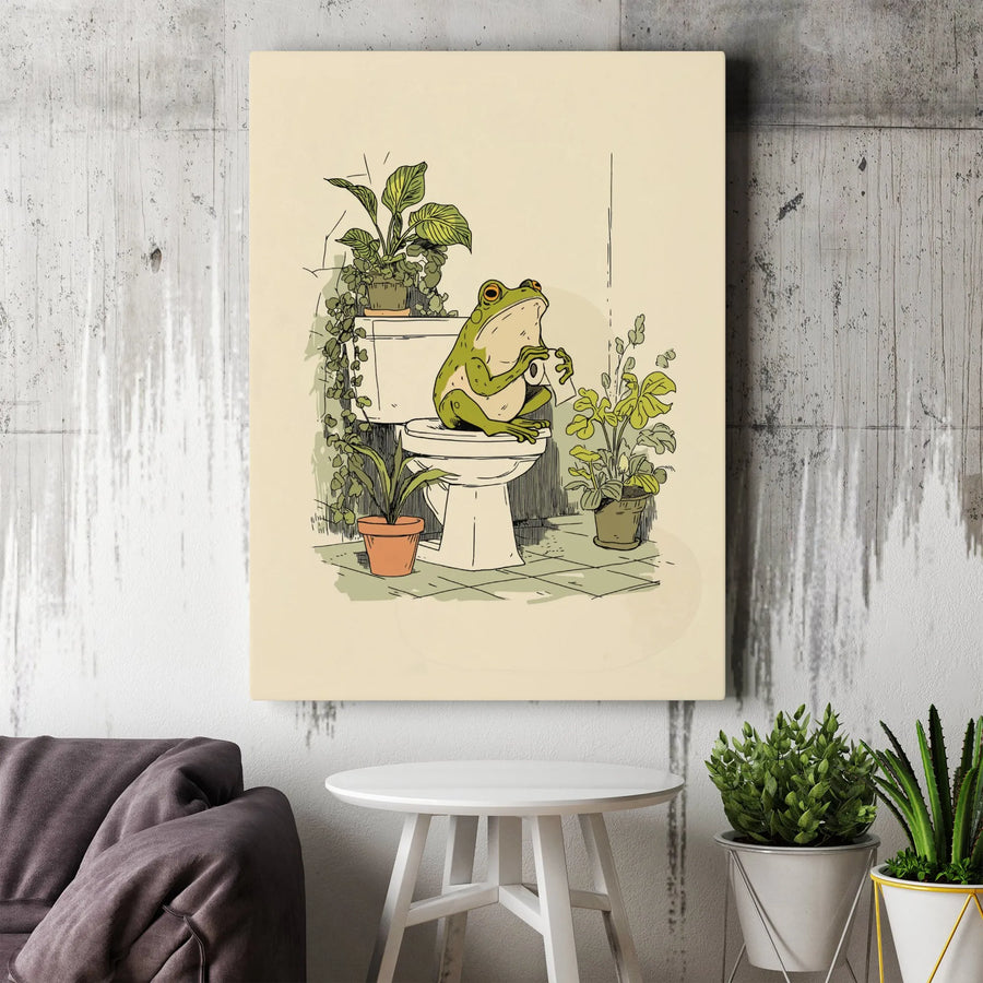Funny Frog Vertical Canvas | Frog Sitting on Toilet with Plants Illustration | Premium Gallery Wrap Canvas | Humorous Bathroom Wall Decor Gift