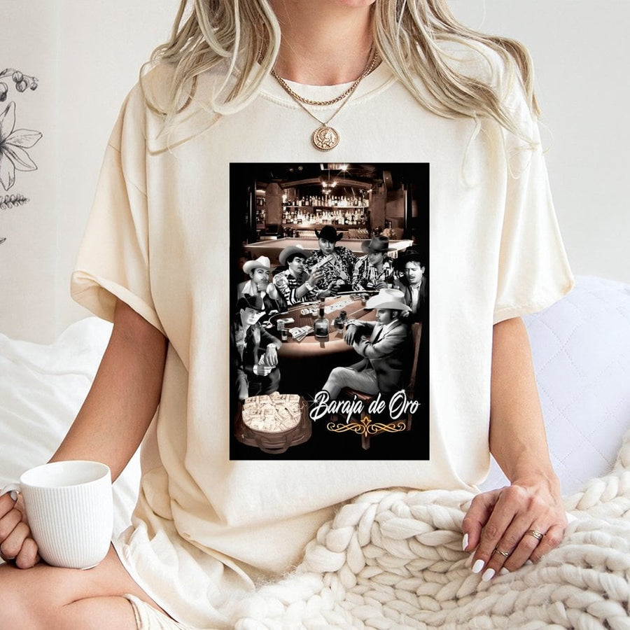 Baraja De Oro Graphic T-Shirt | Mexican Western Poker Design | Premium 100% Cotton | Stylish Gift For Men And Corridos Fans