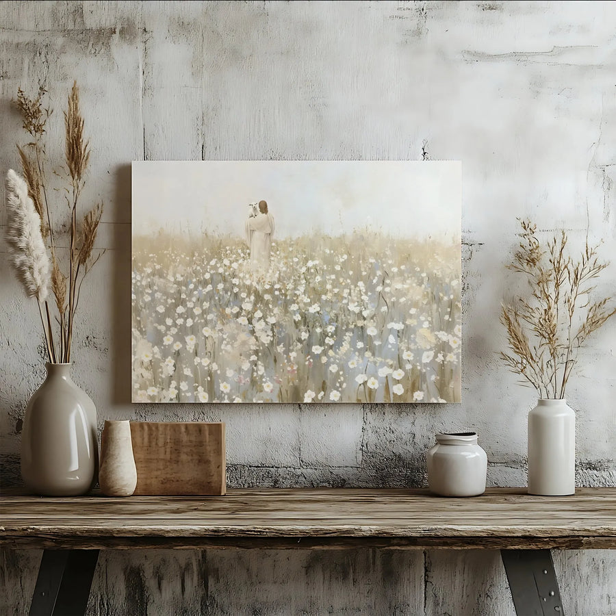 Jesus With Lamb Wall Art | Impressionist Field Of Wildflowers Canvas | Premium Gallery Wrap Decor | Inspirational Religious Gift For Home