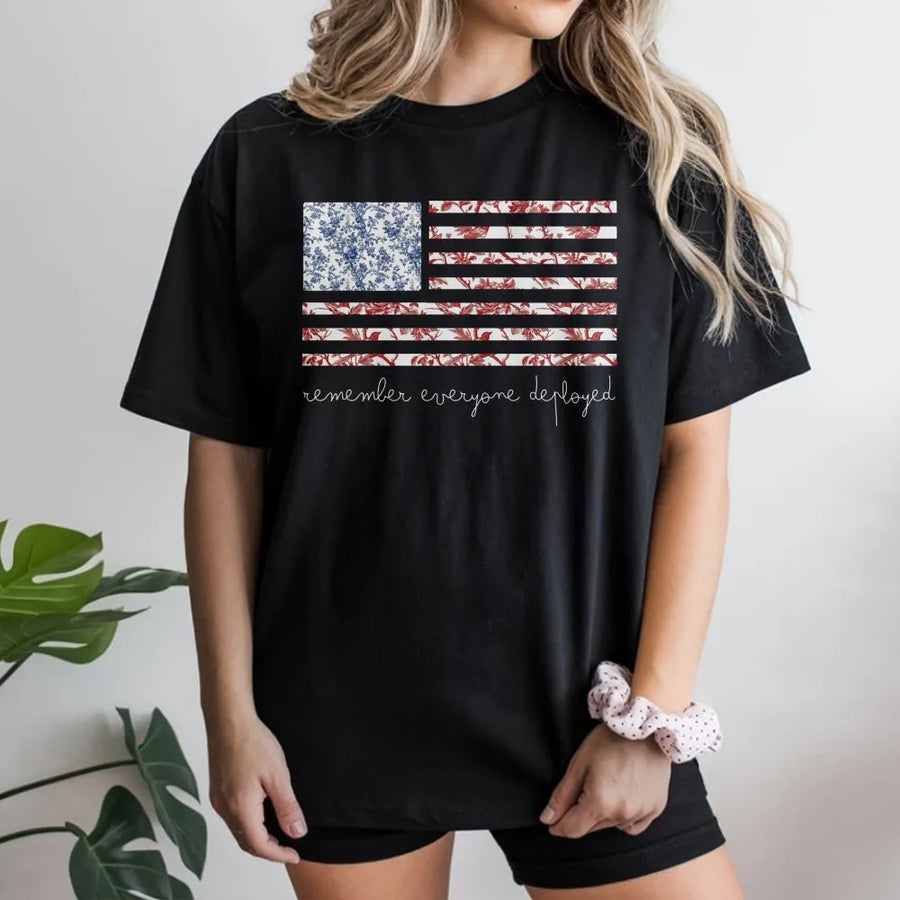 Red Friday T-Shirt | Floral American Flag Remember Everyone Deployed | Premium Cotton Graphic Tee | Military Family Support Gift