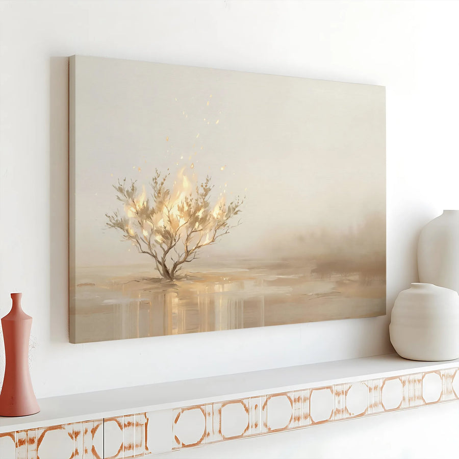 Ethereal Glowing Tree Horizontal Canvas | Minimalist Burning Bush Landscape Wall Art | Premium 1.25" Thick Gallery Wrap | Serene Home Decor Gift for Living Room