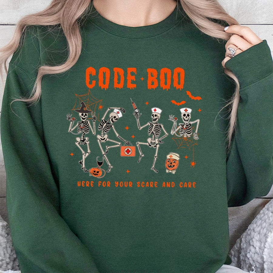 Code Boo Nurse Sweatshirt | Skeleton Halloween Medical Graphic | Soft Cotton Blend Unisex Pullover | Spooky Season Gift For Nurses