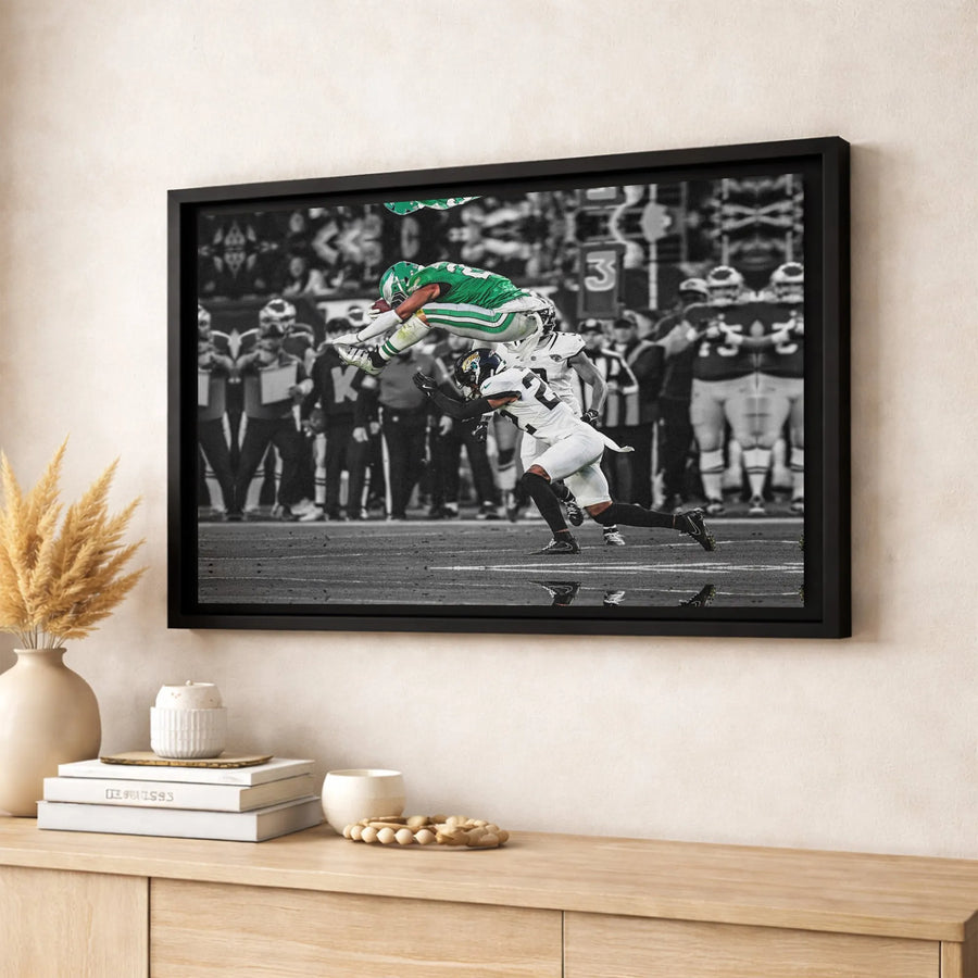 College Football Action Canvas Print | Iconic Hurdle Play Selective Color | Gallery-Quality Premium Wrapped | Sports Wall Art for Fan Cave