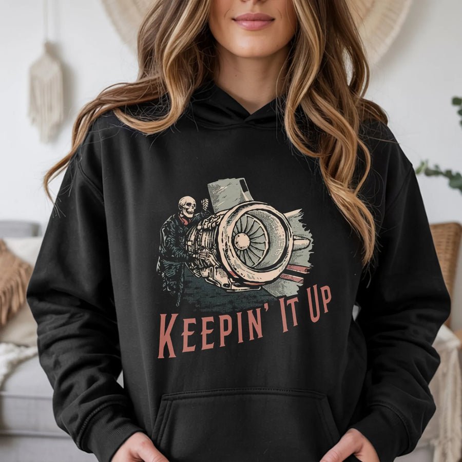 Aircraft Mechanic Hoodie | Keepin' It Up Skeleton Jet Engine Graphic | Premium Cotton Blend | Gift For Aviation Maintenance Technician