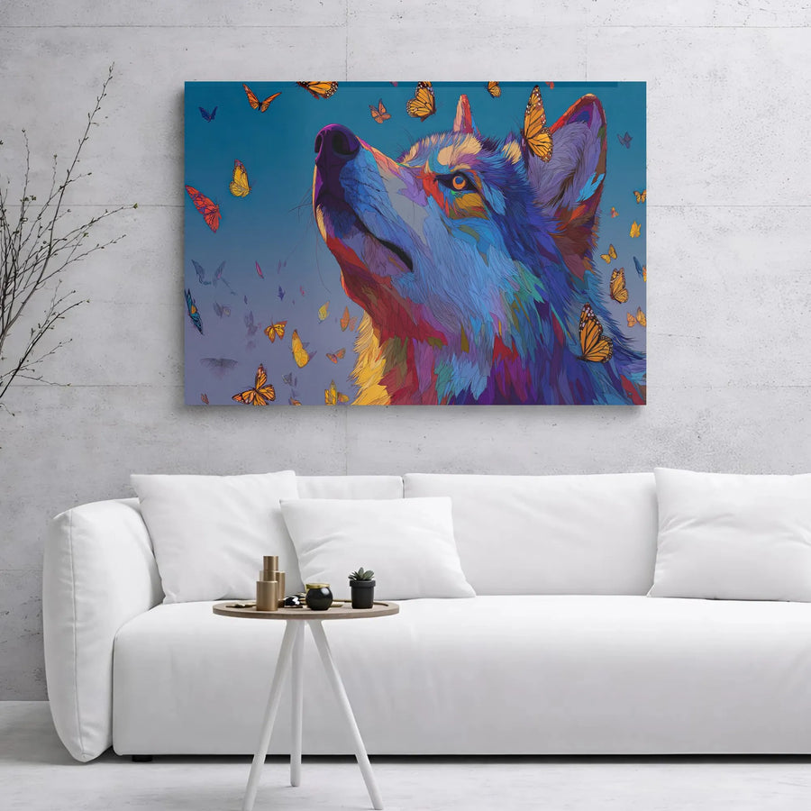Colorful Wolf Canvas Art | Psychedelic Monarch Butterfly Design | 1.25 Inch Gallery Wrap Premium Print | Nature Home Decor Gift